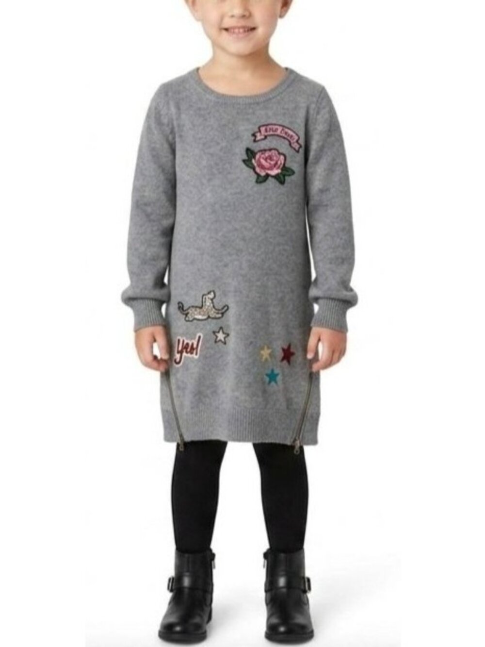 The Children's Place Girls Size 5/6 S Gray Sweater Dress Decorative Patches Side